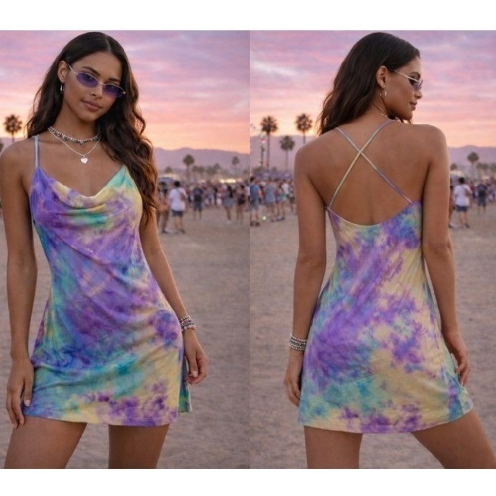 Y2K Tie Dye Slip Dress Festival Rave Pastel Indie Party Mini Dress SMALL Fairy